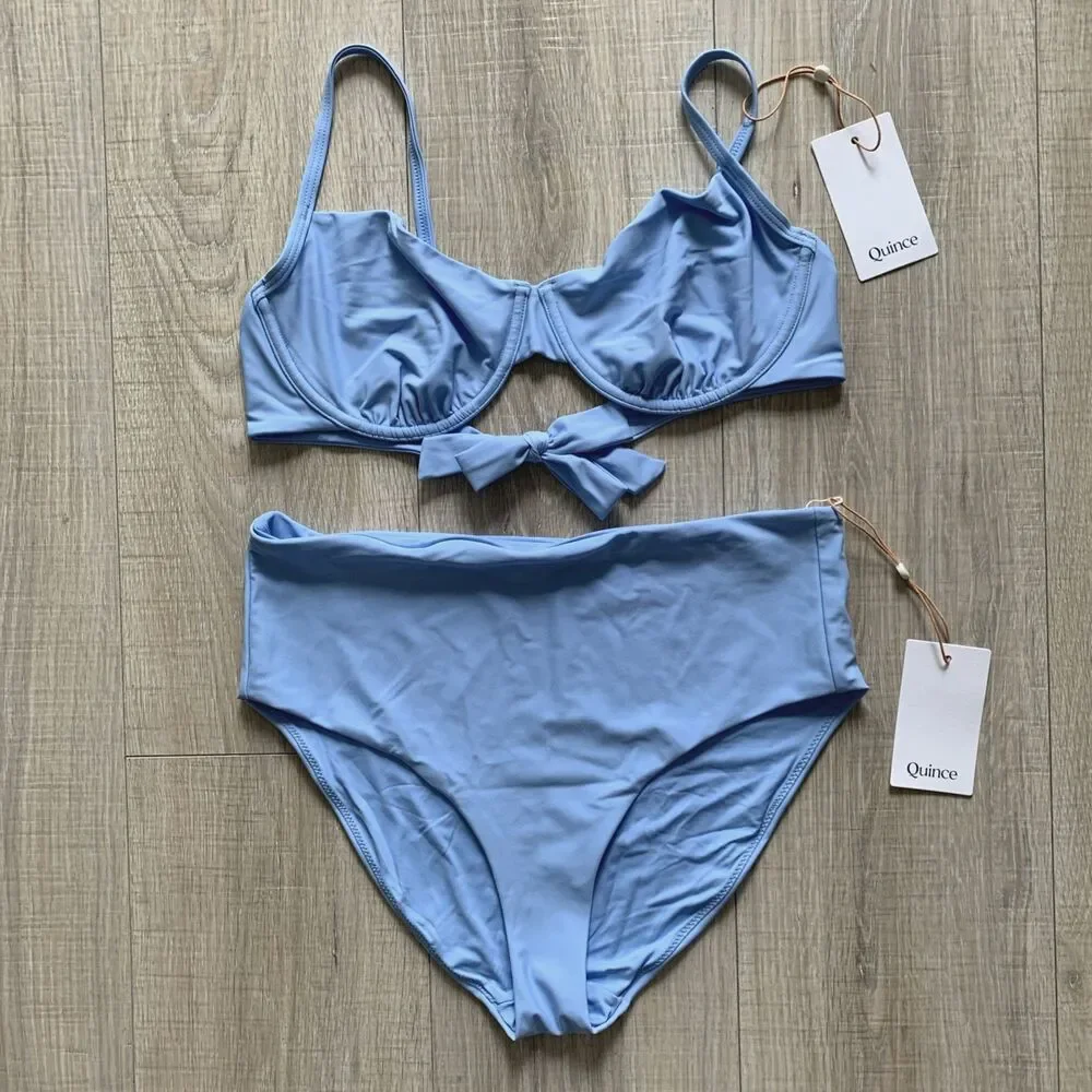Quince Italian Demi Bikini Top Underwire Back Tie High Rise Bottom Swim Blue L - Picture 1 of 6